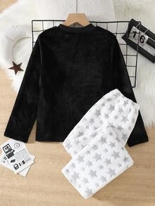 女童月亮與小星星英文刺繡時尚黑色長袖毛絨舒適柔軟面料 + 小星星滿版印花寬鬆休閒褲套裝 - 彩色 - 查看 2