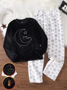 女童月亮與小星星英文刺繡時尚黑色長袖毛絨舒適柔軟面料 + 小星星滿版印花寬鬆休閒褲套裝 - 彩色 - 查看 1