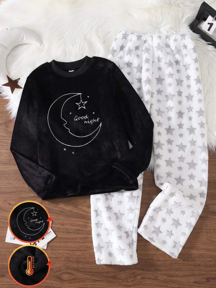 女童月亮與小星星英文刺繡時尚黑色長袖毛絨舒適柔軟面料 + 小星星滿版印花寬鬆休閒褲套裝 - 彩色 - 查看 1
