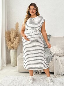 Plussiva Gaun Hamil Ukuran Besar Kasual Bergaris Warna Blok dengan Ikatan Depan dan Leher Bulat - Coklat - View 4