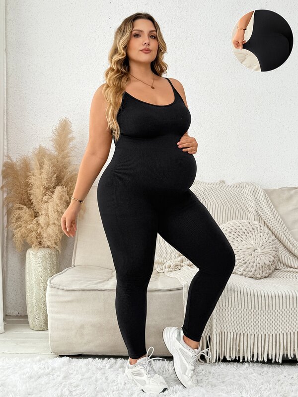Plussiva Plus-Size Black Maternity Athletic Jumpsuit (Tank-Style)    Fall   Sports   Gym   Airport Outfit Women