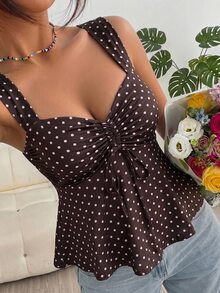 Solflare Brown Plus Size Women's Polka Dot Pattern Front Tie Top - Brown - View 6