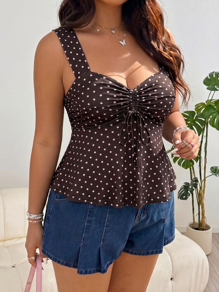 Solflare Brown Plus Size Women's Polka Dot Pattern Front Tie Top - Brown - View 9