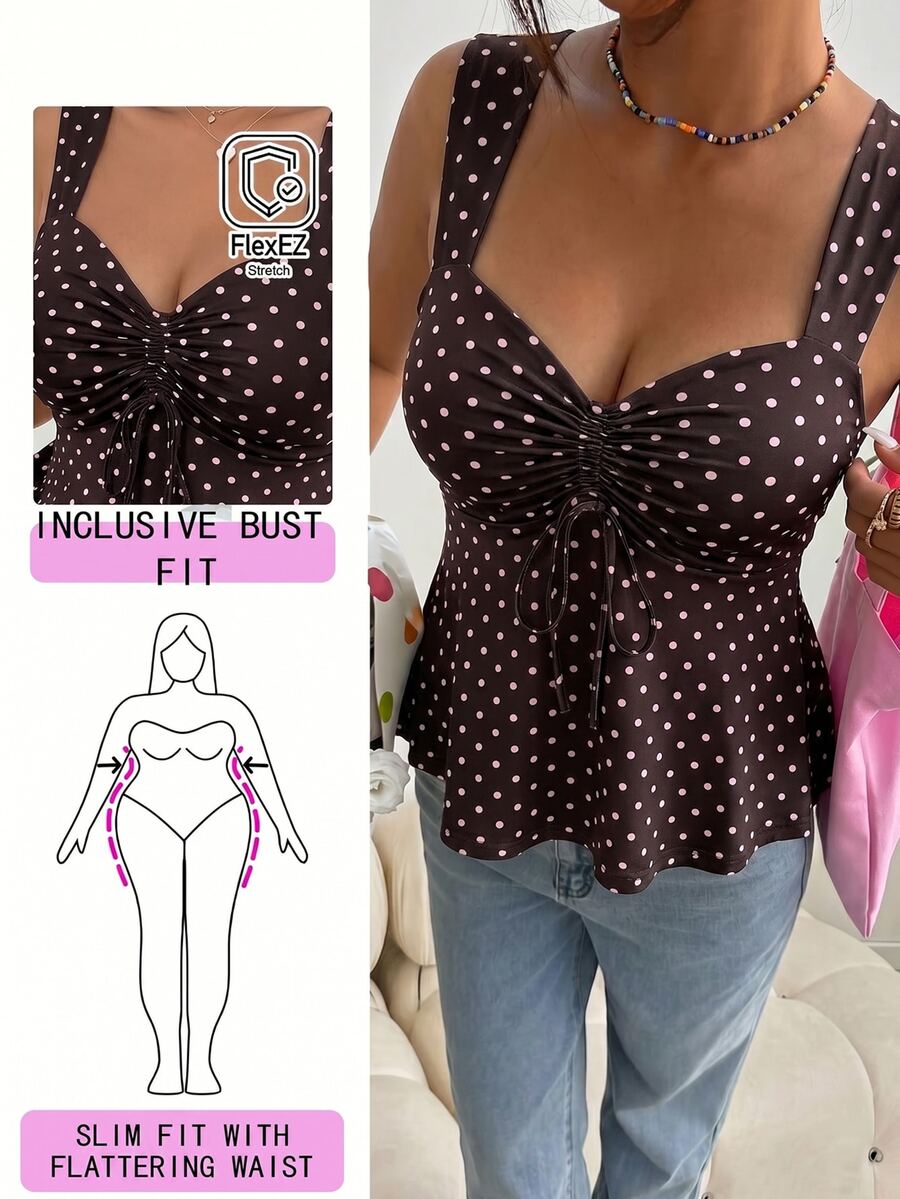 Solflare Brown Plus Size Women's Polka Dot Pattern Front Tie Top - Brown - View 1