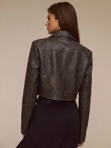 ATUI Studio 秋冬休閒街頭風商務女款深灰色寬鬆長袖皮革夾克，秋季面料露肩拉鍊PU外套，適合夜生活 - 巧克力棕 - 查看 2