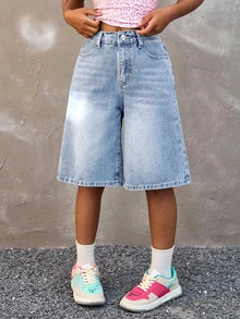 Coolane Kids 少女款前扣多口袋宽松牛仔短裤，牛仔短裤，休闲日常秋季返校季Y2K街头风Grunge风 - 淺色水洗藍 - 查看 1