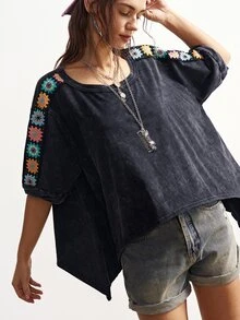 Bohemela Plus Size Women Floral Embroidery Graphic Round Neck Casual Everyday T-Shirt - Black - View 2