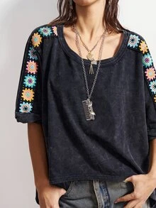 Bohemela Plus Size Women Floral Embroidery Graphic Round Neck Casual Everyday T-Shirt - Black - View 4