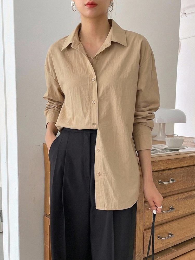DAZY Camisa holgada con botones y hombros caídos, blusa de manga larga para otoño - Caqui - Añade 4