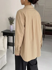 DAZY Drop Shoulder Button Up Oversized Shirt,Fall Clothes Long Sleeve Top - Khaki - View 2