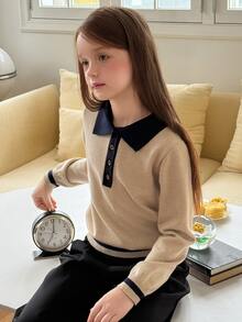 DAZY Atasan Sweater Longgar Kerah Polo Ukuran Besar untuk Anak Perempuan, Rajutan Tebal, Musim Gugur/Dingin - Aprikot - View 7