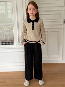 DAZY Atasan Sweater Longgar Kerah Polo Ukuran Besar untuk Anak Perempuan, Rajutan Tebal, Musim Gugur/Dingin - Aprikot - View 2
