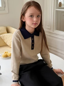 DAZY Atasan Sweater Longgar Kerah Polo Ukuran Besar untuk Anak Perempuan, Rajutan Tebal, Musim Gugur/Dingin - Aprikot - View 6