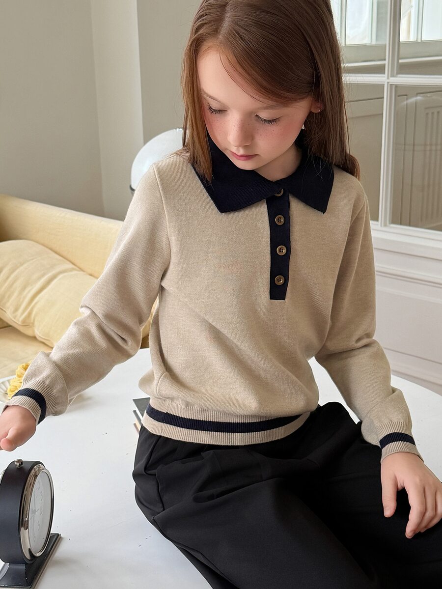 DAZY Atasan Sweater Longgar Kerah Polo Ukuran Besar untuk Anak Perempuan, Rajutan Tebal, Musim Gugur/Dingin - Aprikot - View 1