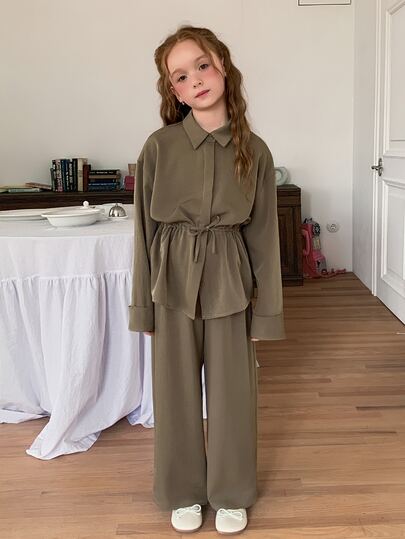 DAZY Tween Girls Waist-Cinching Loose Long Sleeve Collared Shirt Top + Straight Leg Pants 2 Pieces Set Fall