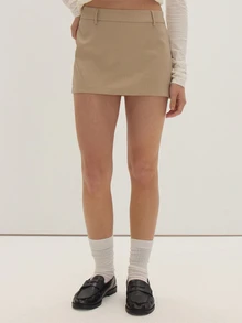 MUSEYN Beige Pinstripe Mirco Mini Tailored Skirt Elegant Date Night Office Fall - Khaki - View 3