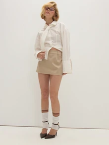 MUSEYN Beige Pinstripe Mirco Mini Tailored Skirt Elegant Date Night Office Fall - Khaki - View 2