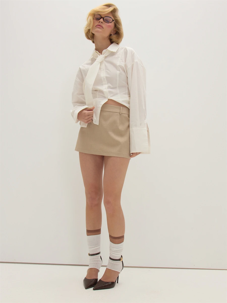 MUSEYN Beige Pinstripe Mirco Mini Tailored Skirt Elegant Date Night Office Fall - Khaki - View 1