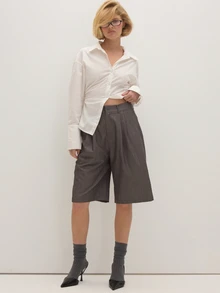 MUSEYN Dark Grey Woven Pinstripe Long Tailored Shorts Casual Relaxed Vacation Weekend Fall Fashion - Dark Grey - View 2