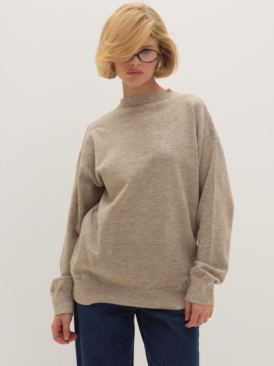 MUSEYN Grey Knit Ribbed Crew Neck Oversized Sweater Cosy Textured Everyday Casual Fall New Season Capsule Wardrobe - Light Grey - View 1