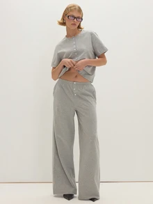 MUSEYN Grey Jersey Straight Leg Elastic Waist Button Pants Casual Comfortable Effortless Everyday Office Fall - Grey - View 1