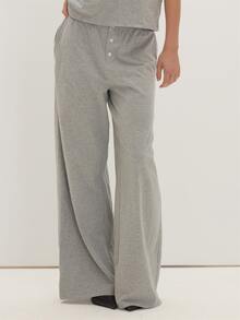 MUSEYN Grey Jersey Straight Leg Elastic Waist Button Pants Casual Comfortable Effortless Everyday Office Fall - Grey - View 2