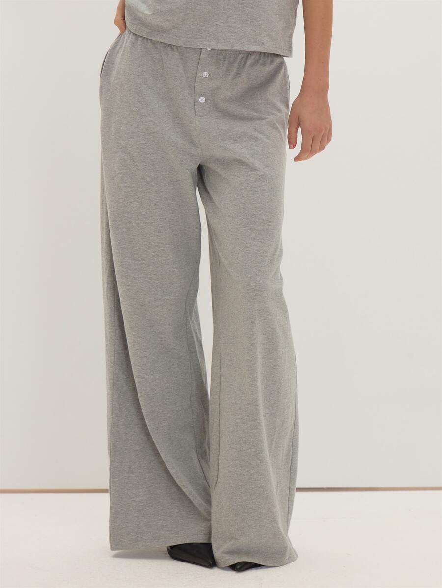 MUSEYN Grey Jersey Straight Leg Elastic Waist Button Pants Casual Comfortable Effortless Everyday Office Fall - Grey - View 1