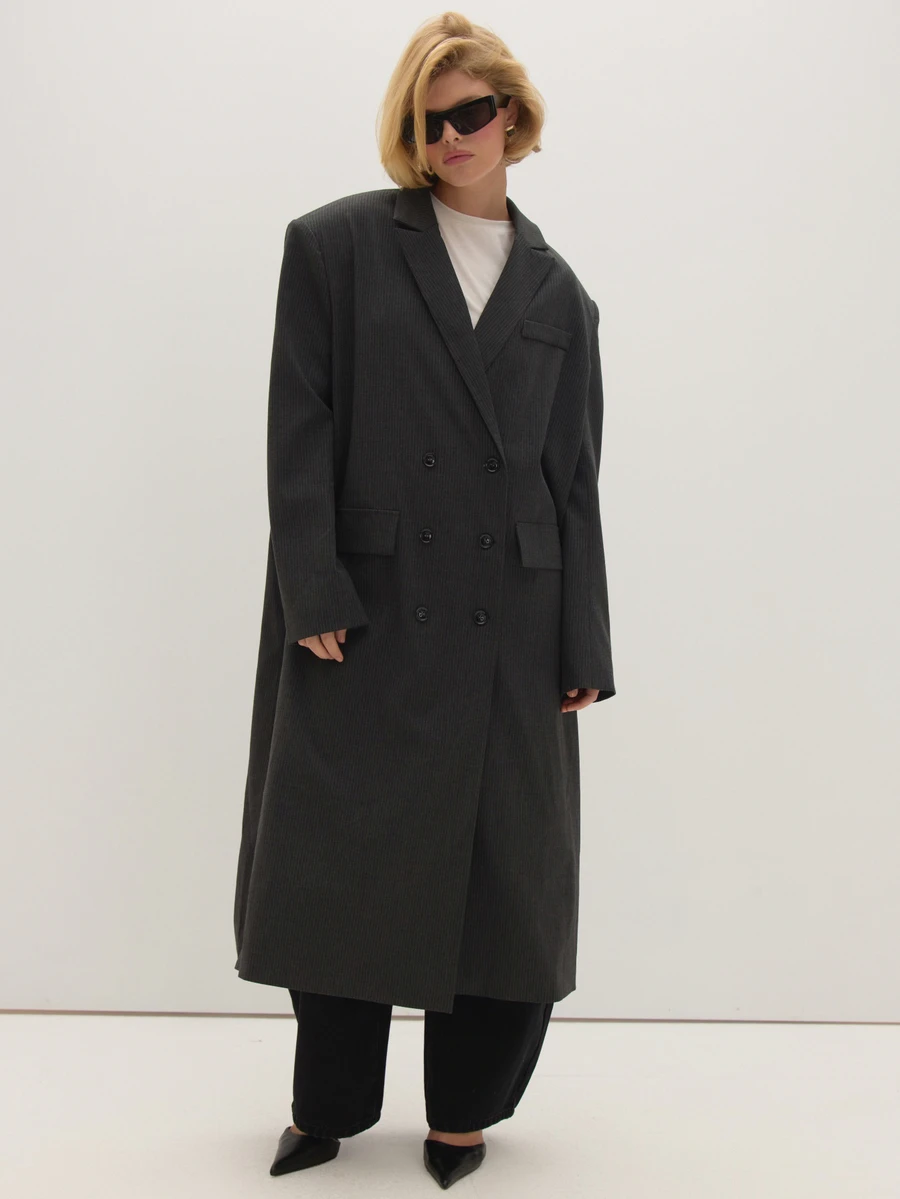 MUSEYN Dark Grey Pinstripe Shoulder Pad Long Tailored Jacket Luxury Office Business Fall - Grey - View 1