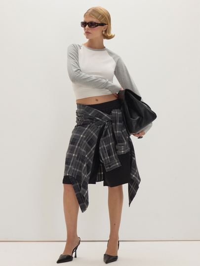 MUSEYN Grey And White Jersey Contrast Crew Neck Long Sleeve T-Shirt Versatile  Everyday Casual Fall Fashion