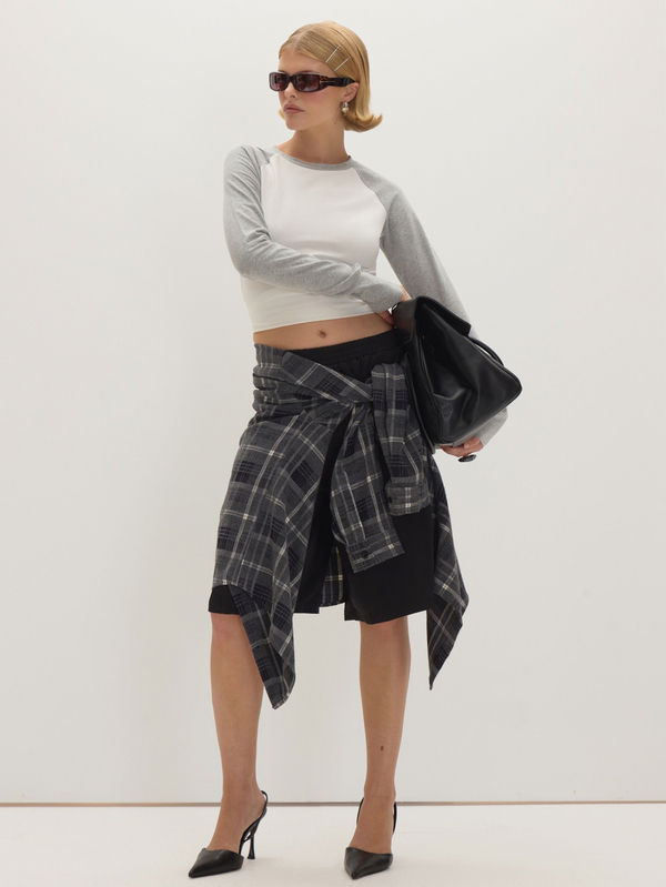 MUSEYN Grey And White Jersey Contrast Crew Neck Long Sleeve T-Shirt Versatile  Everyday Casual Fall Fashion