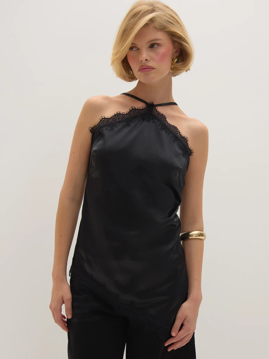 MUSEYN Black Satin Lace Asymmetric Longline Top Feminine Romantic Delicate Date Night Party Fall - Black - View 1