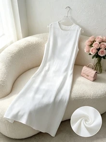 Yasmyna 女款純色圓領無袖休閒阿拉伯風連身裙，Abaya內搭裙 - 白色 - 查看 6