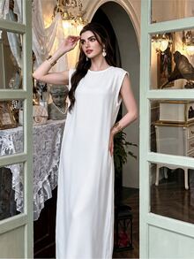 Yasmyna 女款純色圓領無袖休閒阿拉伯風連身裙，Abaya內搭裙 - 白色 - 查看 12