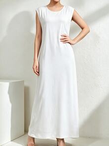 Yasmyna 女款純色圓領無袖休閒阿拉伯風連身裙，Abaya內搭裙 - 白色 - 查看 5