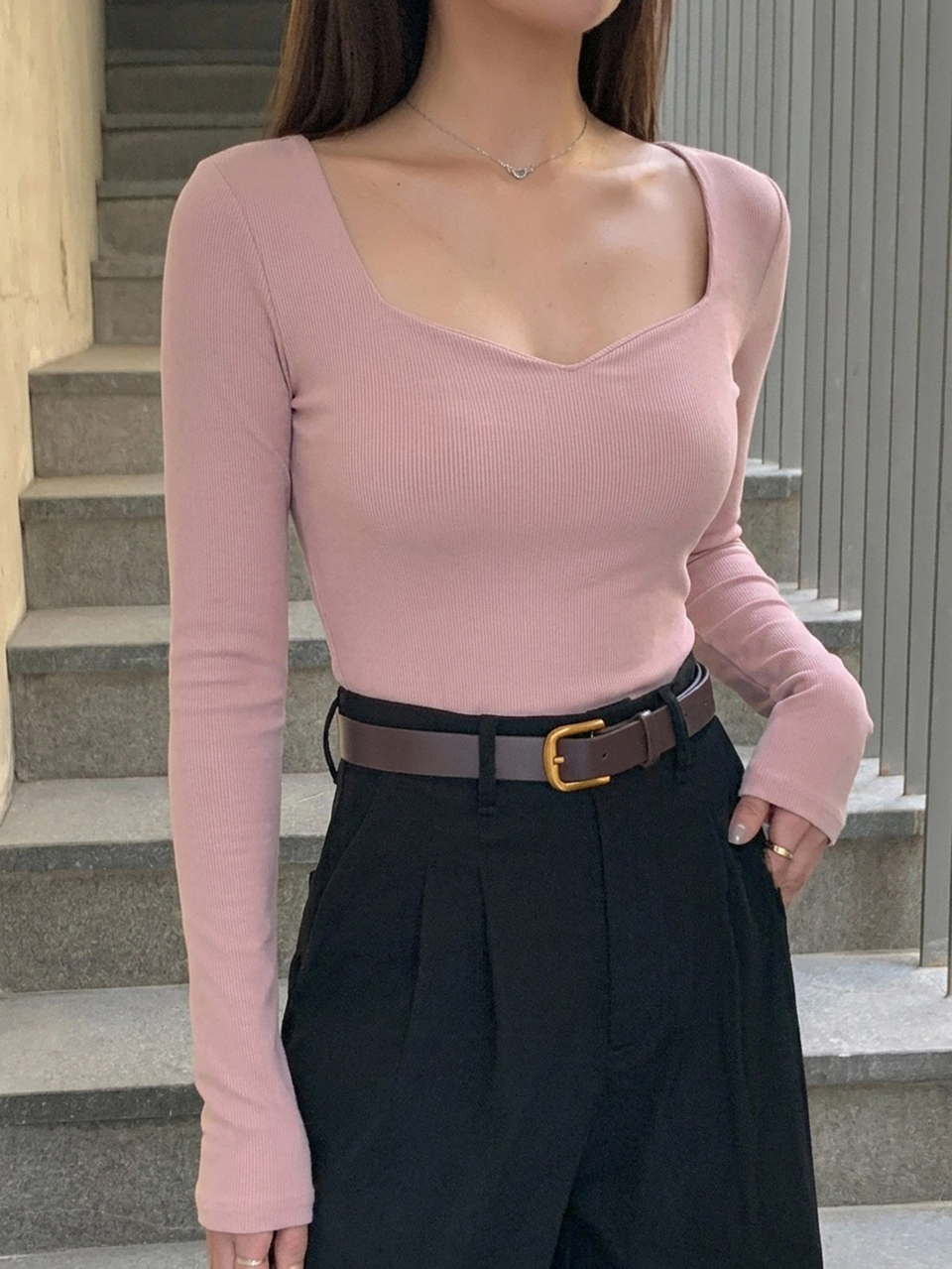 Women's Solid Color Rib-Knit Sweetheart Neck T-Shirt Summer Long Sleeve Women Tops,Fall Women Clothes School Thin Clothing Going Out Tops