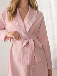 Ocili Women's Solid Color Waist Tie Casual Daily Homewear Robe - Pink - View 5