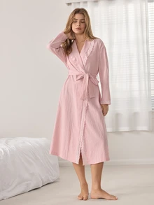 Ocili Women's Solid Color Waist Tie Casual Daily Homewear Robe - Pink - View 4