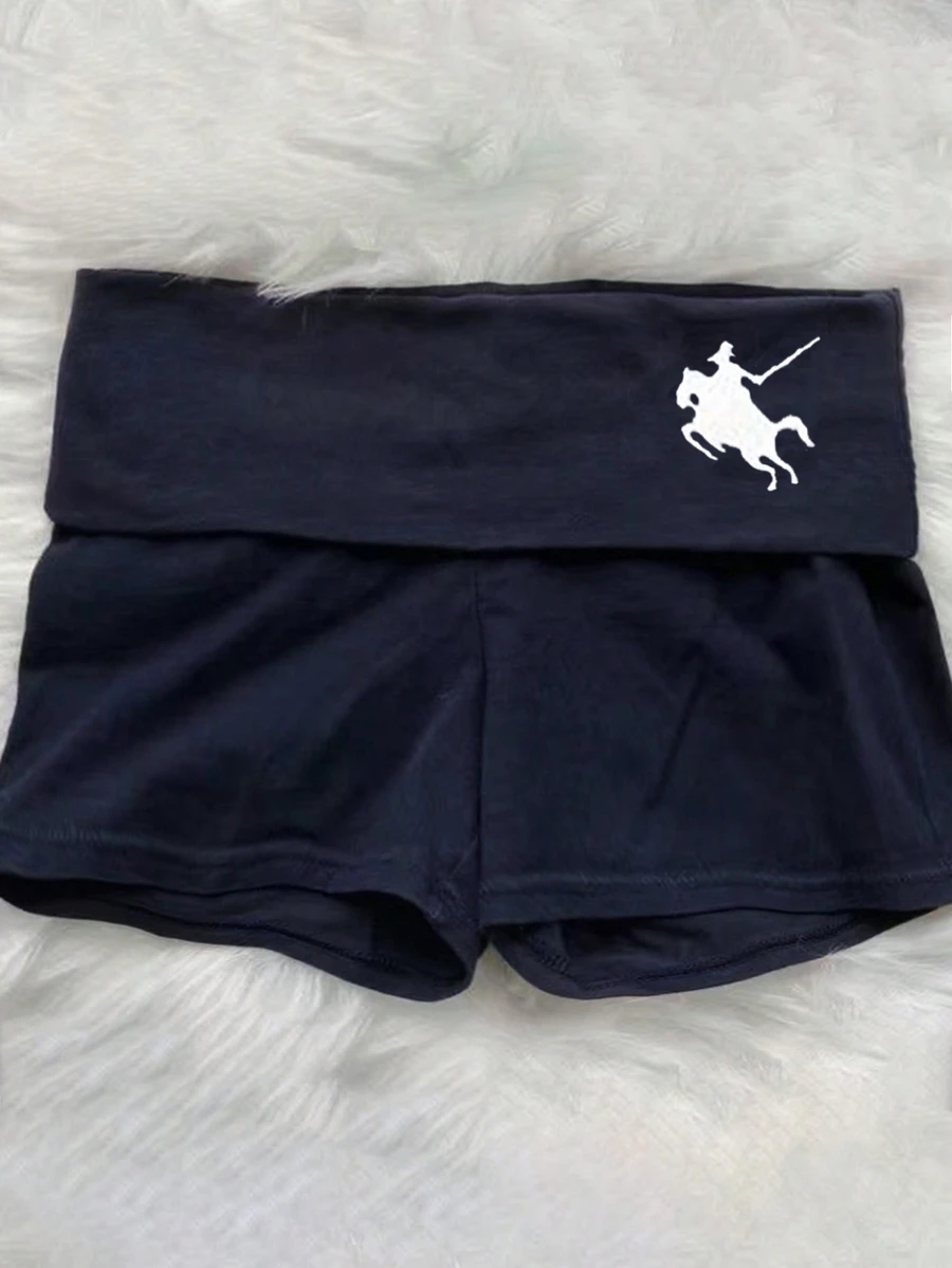 SHEIN 青少年女孩夏季休閒保守版寬鬆街頭風健身瑜伽印花短版腰頭緊身短褲，返校季健身運動海軍藍