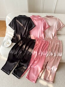 Moireta 女士三件套睡衣套装，睡衣套装，配撞色饰边短袖和长裤（标准尺码） - 彩色 - 查看 2