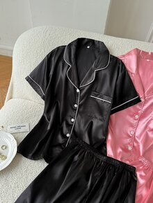 Moireta 女士三件套睡衣套装，睡衣套装，配撞色饰边短袖和长裤（标准尺码） - 彩色 - 查看 6