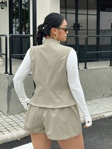 Muchica Plus Size Women Solid Color Stand Collar Top And Shorts Casual Daily 2 Pieces Set - Khaki - View 3