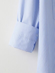 SHEIN CURVE+ 大尺碼女款休閒度假通勤配色條紋印花寬鬆落肩長袖襯衫，春/秋季 - 藍色 - 查看 3