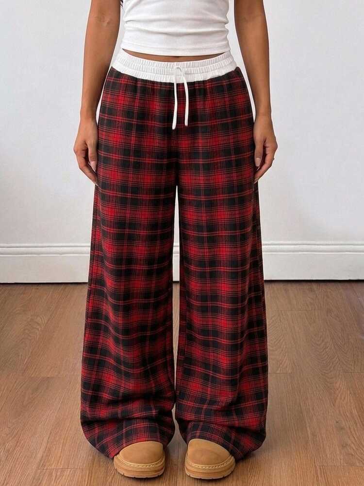 SHEIN Teen Girls Pants Four Seasons Basic Casual Streetwear Plaid Colorblock Low Waist Loose Wide Leg Pants, Autumn - Red - View 1