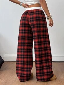 SHEIN 青少年女孩四季基本款休閒可愛寬鬆街頭風格紋拼接低腰寬腿褲，秋季聖誕海灘 Senior 2027 紅色 - 紅色 - 查看 2