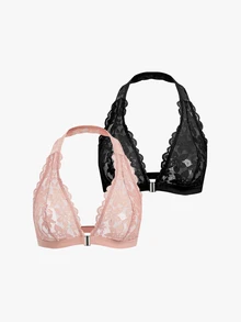 Bisouelle 2pcs/Set Women's Solid Color Sexy Lace Halter Neck Bra - Multicolor - View 1