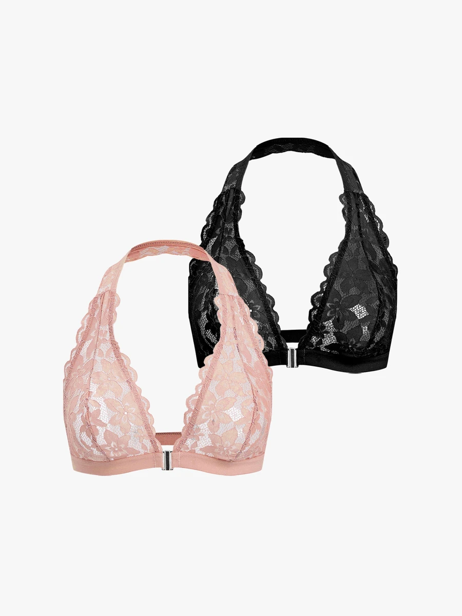 Bisouelle 2pcs/Set Women's Solid Color Sexy Lace Halter Neck Bra - Multicolor - View 1
