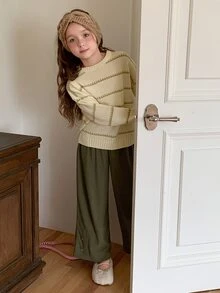 DAZY Bộ áo len chui đầu cổ tròn dáng rộng kẻ sọc + quần ống đứng cho bé gái (size lớn), thu/đông - Màu be - Xem 6