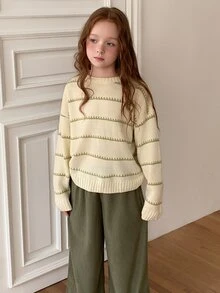DAZY Bộ áo len chui đầu cổ tròn dáng rộng kẻ sọc + quần ống đứng cho bé gái (size lớn), thu/đông - Màu be - Xem 3