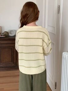 DAZY Bộ áo len chui đầu cổ tròn dáng rộng kẻ sọc + quần ống đứng cho bé gái (size lớn), thu/đông - Màu be - Xem 2