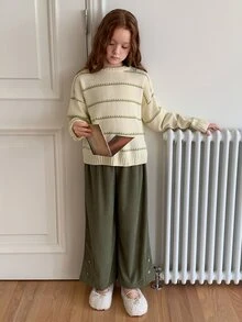 DAZY Bộ áo len chui đầu cổ tròn dáng rộng kẻ sọc + quần ống đứng cho bé gái (size lớn), thu/đông - Màu be - Xem 4
